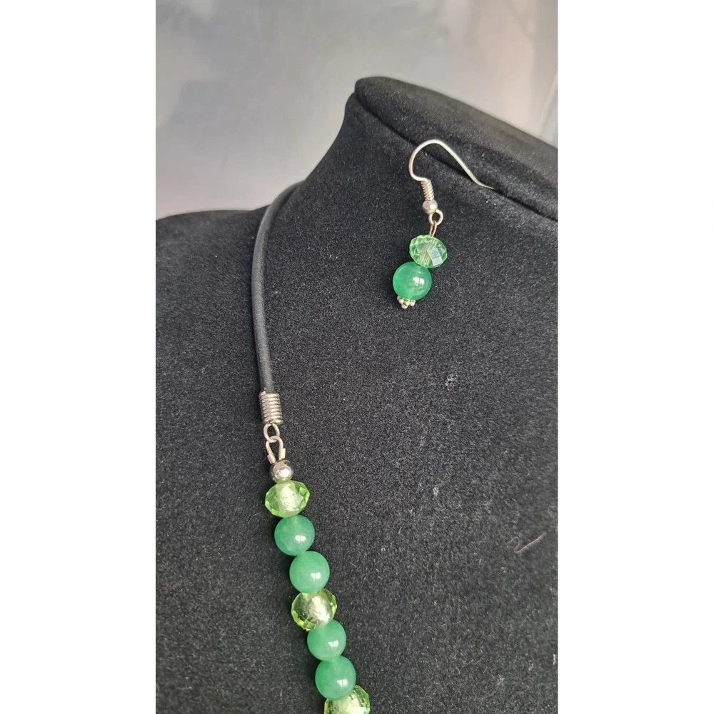 Gemstone Beaded Jewelry Set Necklace Earrings Aventurine Turtle Jade Pendant